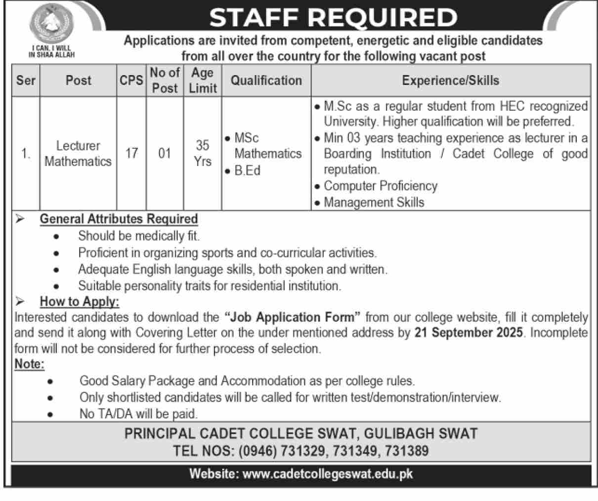 Jobs in Cadet College Swat